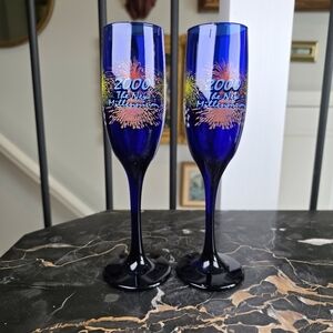 Vintage Y2K 2000 The New Millennium Champagne Flutes Pair Cobalt Blue Glass Bar